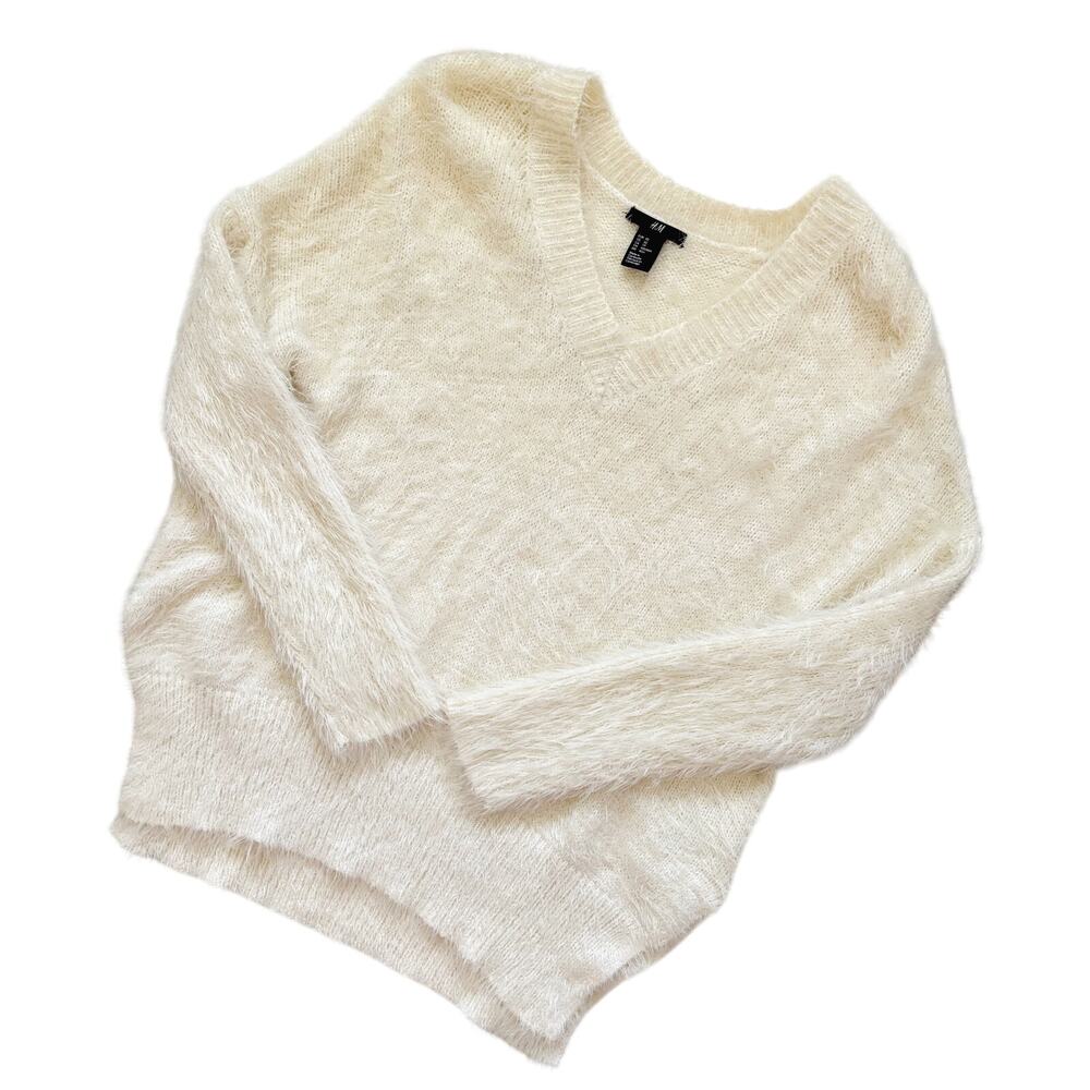 H&M Fuzzy Cream V Neck Soft Furry Sweater